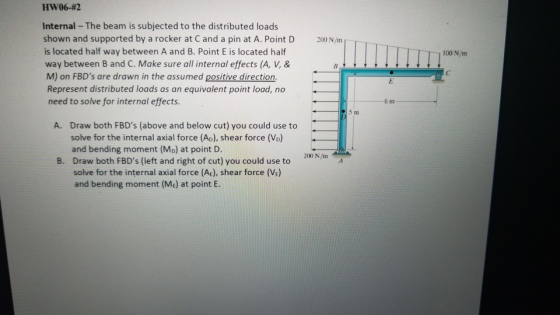 Hw0642 Internal- The beam is subjected to the distributed loads shown and supported by a rocker at C and a pin at A. Point D is located half way between A and B. Point E is located half way between B and C. Make sure all internal effects (A, V, & M) on FBDs are drawn in the assumed positive direction Represent distributed loads as an equivalent point load, no need to solve for internal effects. 200 N/m 100 N/m + c . E 6 m 5 m Draw both FBDs (above and below cut) you could use to solve for the internal axial force (Ao), shear force (Vo) and bending moment (Mo) at point D. A. 200 N/m B. Draw both FBDs (left and right of cut) you could use to solve for the internal axial force (AE), shear force (Ve) and bending moment (ME) at point E