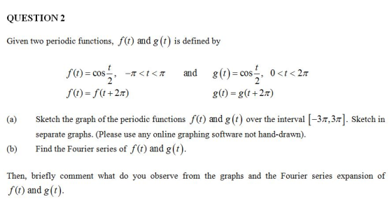 QUESTION 2 Given two periodic functions, f(t) and g(t) is defined by and f (t) = cos, -<t<t f(t)= f(t +26) g(t) = cos, 0<t<2n