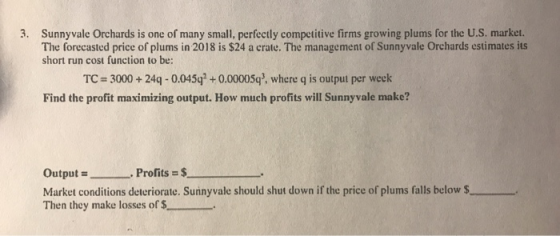 3. Sunnyvale Orchards is one of many small, perfectly competitive firms growing plums for the U.S. market. The forecasted pri