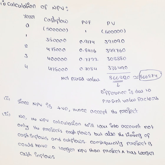 i calculation year PUF PU و of novo Cashflow (500000) 350000 475000 . وا (500000) 321090 399760 308880 33bugo 0.9174 0.8416 0