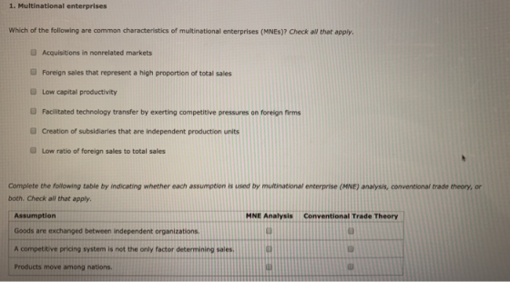 1. Multinational enterprises Which of the following are common characteristics of multinational enterprises (MNEs)? Check all