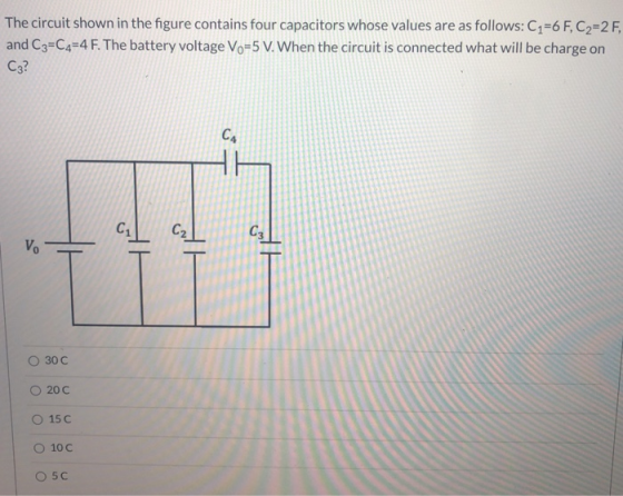 The circuit shown in the figure contains four capacitors whose values are as follows: C1=6 F, C2=2 F, and C3=C4=4 F. The batt