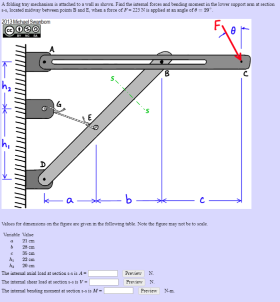 A folding tray mechanism is attached to a wall as shown. Find the internal forces and bending moment in the lower support arm