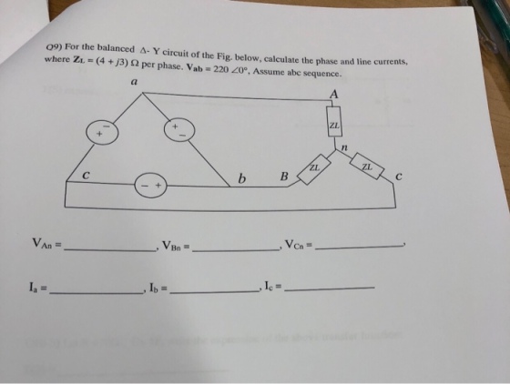 09) For the balanced Δ-Y circuit of the Fig. below, calculate the phase and line currents, where Zi- (4 +j3) 2 per phase. Vab 220 20°, Assume abc sequence. ZL Von- Bn