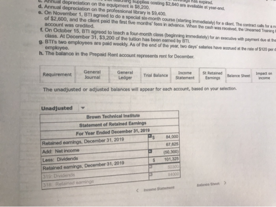 Il louring Supplies costing $2,840 are available at year-end. clage has expired. L. Annual depreciation on the equipment is $