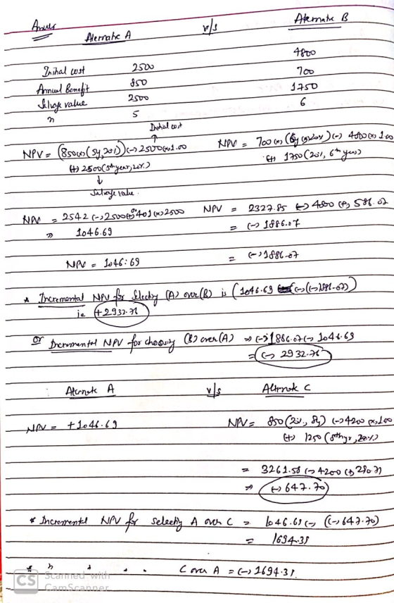 Alemate B Anoves Alernate A 4800 Inihal wat Annuel Benefit Silige value 2500 850 2500 700 1750 Initial cost NPV = (esowe (sy