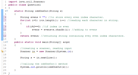 { { { } 1 import java.util.Scanner; 2 public class Questioni 3 static String oddOneOut(String 3) 5 String evens = ; //to st