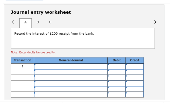 Journal entry worksheet Record the interest of $200 receipt from the bank. Note: Enter debits before credits. Transaction Gen