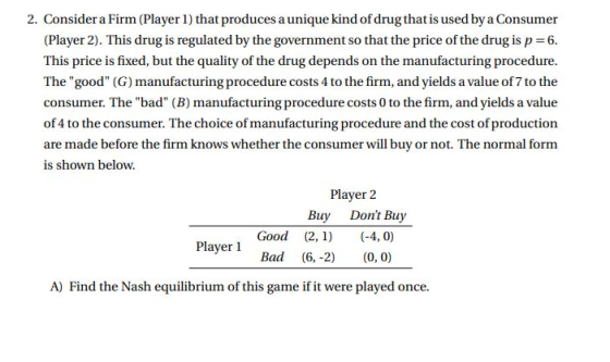 2. Consider a Firm (Player 1) that produces a unique kind of drug that is used by a Consumer (Player 2). This drug is regulated by the government so that the price of the drug is p 6. This price is fixed, but the quality of the drug depends on the manufacturing procedure. The good (G) manufacturing procedure costs 4 to the firm, and yields a value of 7 to the consumer. The bad (B) manufacturing procedure costs 0 to the firm, and yields a value of 4 to the consumer. The choice of manufacturing procedure and the cost of production arm aet is shown below Player 2 Buy Dont Buy Good (2,1) (-4, 0) Player 1 Bad (6,-2) (0,0) A) Find the Nash equilibrium of this game if it were played once.