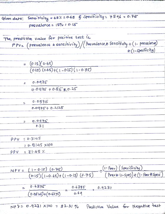 Prevalence 15% 0-15 The predichve value for positive test is PPv (Prevalen chevalencex SensH (prevalen ce k sensitivi vih +(i- prevale)e .0975 . og75 0.3 ь. В 145 x100 PV: ( 1-0. IS) (0.75) 37S 0。63才5 0-123 U.6S2S+(6.637 Np y-- -0.922) xlbo Predictive Value for Negative test g2. 3, %