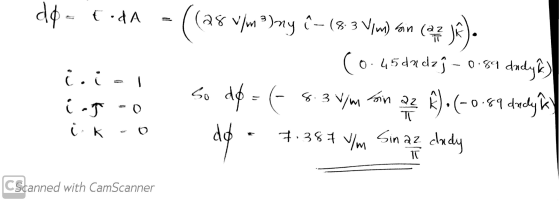 do-toda 28 bin (27 i.is inf- v/m²ny ?-(8-3 V/m) sin (0.45 dadzi - 0.89 dadyk) So do=(- 8.3 v/m Sin az •(-0. 0.89 Andy a 7.387