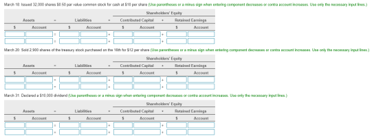 March 18: Issued 32,000 shares $0.50 par value common stock for cash at $10 per share (Use parentheses or a minus sign when e