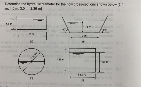 Determine the hydraulic diameter for the flow cross-sections shown below [2.4 m; 4.0 m; 3.0 m; 2.36 m) l o ow bates DEMO 1.5