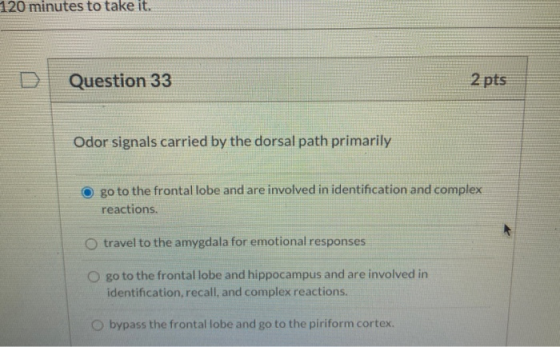 120 minutes to take it. Question 33 2 pts Odor signals carried by the dorsal path primarily go to the frontal lobe and are in