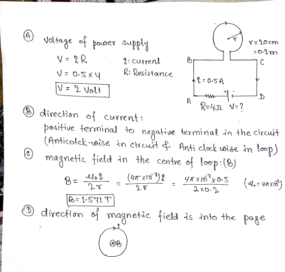 A Voltage of power supply V = I R rz 20 cm -0.27 с. 1: current R: Resistance V = 0.5X 4 1=0.5A IV = 2 Volt D A . Hi- R=432 V=