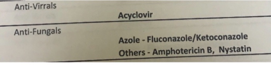 Anti-Virrals Acyclovir Anti-Fungals Azole-Fluconazole/Ketoconazole Others-Amphotericin B, Nystatin