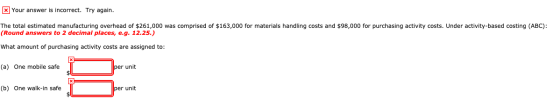 x Your answer is incorrect. Try again. The total estimated manufacturing overhead of $261,000 was comprised of $163,000 for m