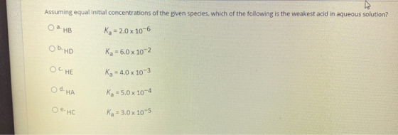 Assuming equal initial concentrations of the given species, which of the following is the weakest acid in aqueous solution? O