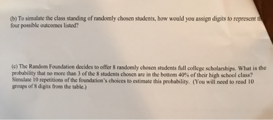 (b) To simulate the class standing of randomly chosen students, how would you assign digits to represent th four possible out