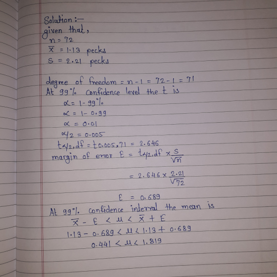 Soluton aiven that, m2 72 X=1-13 : pecka ree of freedom an-172-7 -AE-g9 % confidence level the t is 0C= l-o.gg O.ol X/2 = 0.0