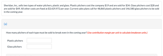 Sheridan, Inc., sells two types of water pitchers, plastic and glass. Plastic pitchers cost the company $19 and are sold for