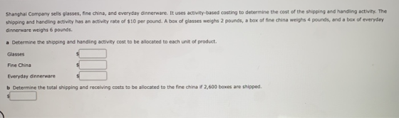 Shanghai Company sells glasses, fine china, and everyday dinnerware. It uses activity-based costing to determine the cost of