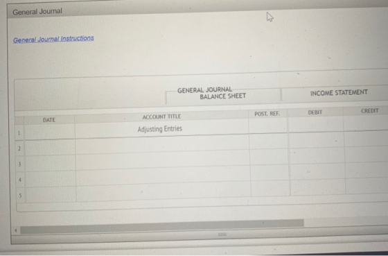 General Journal General Journal Instructions GENERAL JOURNAL BALANCE SHEET INCOME STATEMENT POST. REF. DEBIT ACCOUNT TITLE CR