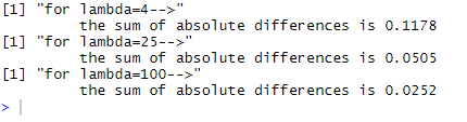 [1] for lambda=4 --> the sum of absolute differences is 0.1178 [1] for lambda=25--> the sum of absolute differences is 0.