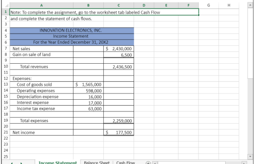 B 1 Note: To complete the assignment, go to the worksheet tab labeled Cash Flow 2 and complete the statement of cash flows. I