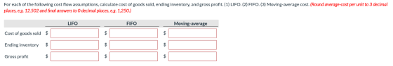 For each of the following cost flow assumptions, calculate cost of goods sold, ending inventory, and gross profit. (1) LIFO.(