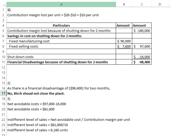 B C. D 1 1) Contribution margin lost per unit $20-$10 $10 per unit 2 Amount Amount Particulars 4 5 Contribution margin lost b