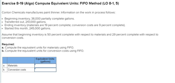 Exercise 8-19 (Algo) Compute Equivalent Units: FIFO Method (LO 8-1, 5) Conlon Chemicals manufactures paint thinner. Informati