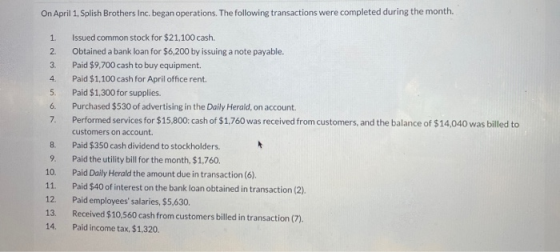On April 1, Splish Brothers Inc. began operations. The following transactions were completed during the month. 1 2 3 4. 5. 6.