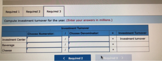 Required 1 Required 2 Required 3 Compute investment turnover for the year. (Enter your answers in millions.) Investment Turno