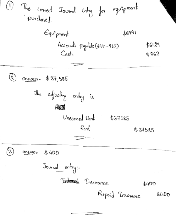 I ② The correct Journal Entry for equipment purchased Equipment Accounts payable (6991-862) Cash $6991 $6129 9862 7 © answer: