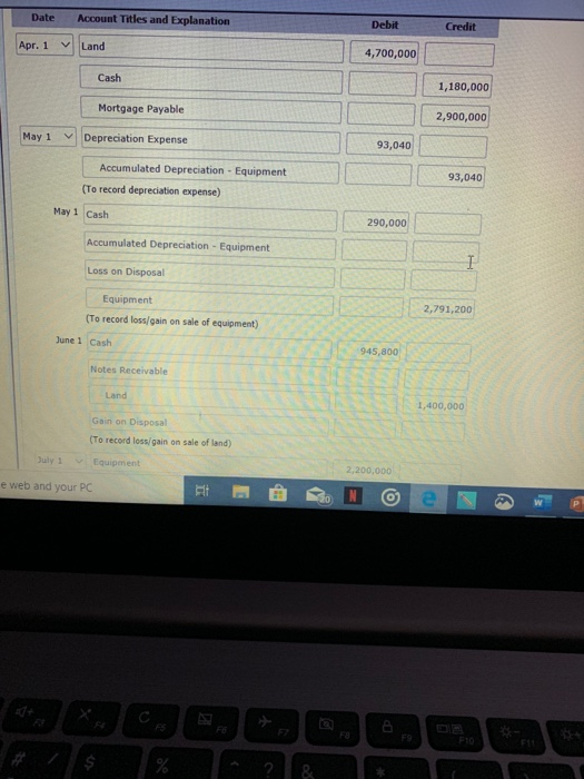 Date Debit Credit Account Titles and Explanation Land Apr. 1 v 4,700,000 Cash 1,180,000 Mortgage Payable 2,900,000 May 1 Depr