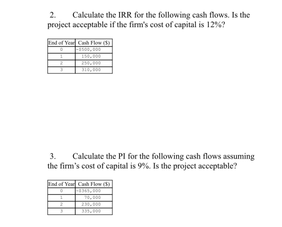2. Calculate the IRR for the following cash flows. Is the project acceptable if the firms cost of capital is 12%? End of Yea