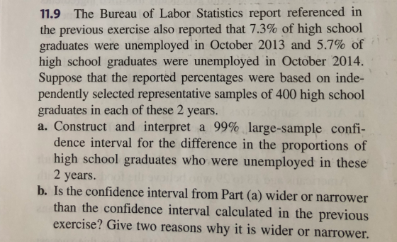 11.9 The Bureau of Labor Statistics report referenced in the previous exercise also reported that 7.3% of high school graduat