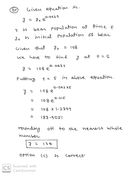 35 Given equation = yo 0.0437 y y bear population at time t yoh initial population of bear Given that yo - 108 We have to fin