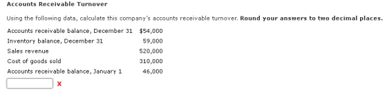 Accounts Receivable Turnover Using the following data, calculate this companys accounts receivable turnover. Round your answ