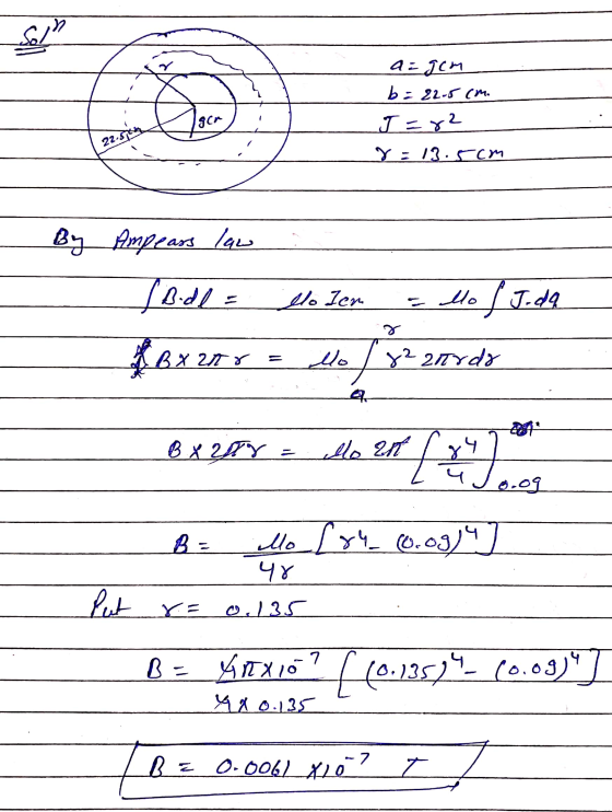 Solo aigom b = 22-5 cm. J=82 8 = 13.5cm 22.50 By Ampeass law I Bodl= llo len = lo f Joda farure de perde llo 28 L BX 24tr o.o