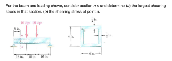 For the beam and loading shown, consider section n-n and determine (a) the largest shearing stress in that section, (b) the s