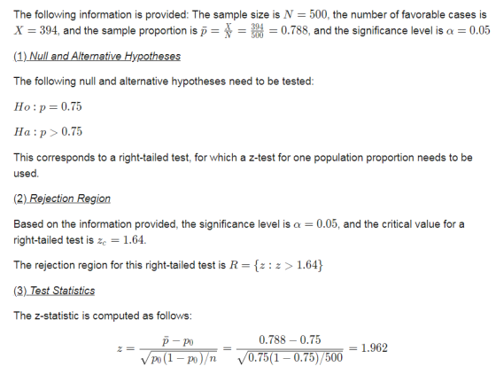 The following information is provided: The sample size is N = 500, the number of favorable cases is X = 394, and the sample p