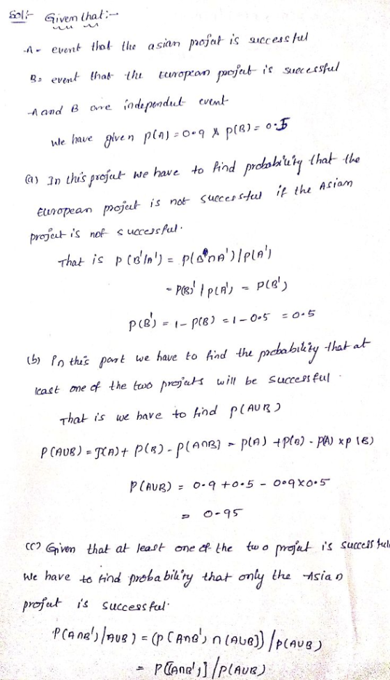 ã) In this projut we have to Rnd prokohthy that the rojeisnofuccsfal [o thz part we have to hind the pachabukiy that at east one cf the tuo rıeye will be successful That is we have to nd p(AUR> CC2Gnven that at least one 4 the two pro-d、 1s succes le have to find proha bilry that onhy the Asía o profet s Sucess fal