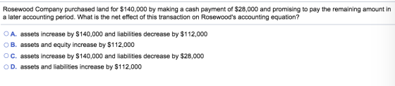Rosewood Company purchased land for $140,000 by making a cash payment of $28,000 and promising to pay the remaining amount in