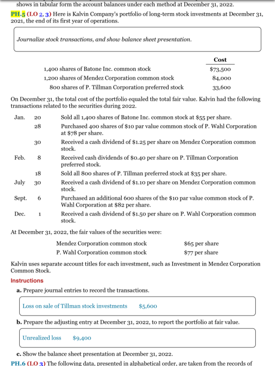 shows in tabular form the account balances under each method at December 31, 2022. PH.5 (LO 2, 3) Here is Kalvin Companys po