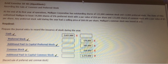 Brief Exercise 10-40 (Algorithmic) Recording the sale of Common and Preferred Stock At the end of its first year of operation