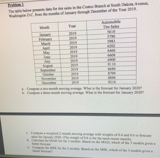 Problem 1 The table below presents data for tire sales in the Costco Branch at South Dakota Avenue, Washington D.C. from the