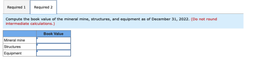 Required 1 Required 2 Compute the book value of the mineral mine, structures, and equipment as of December 31, 2022. (Do not