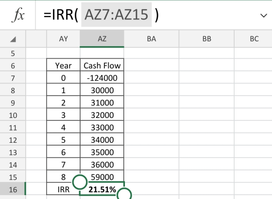 =IRR( AZ7:AZ15 ) AY - AZ BA BB BC Year 0 10 11 Cash Flow -124000 30000 31000 32000 33000 34000 35000 36000 59000 IRR Y 21.51%